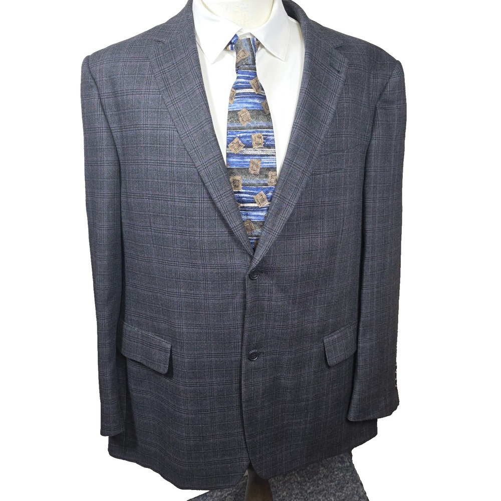 Claudio Morelli Blazer Mens 46 Tall Charcoal Grey Purple Plaid Bamboo Sport Coat